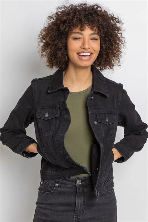 women's black denim jacket outfit|wrangler authentic stretch denim jacket.